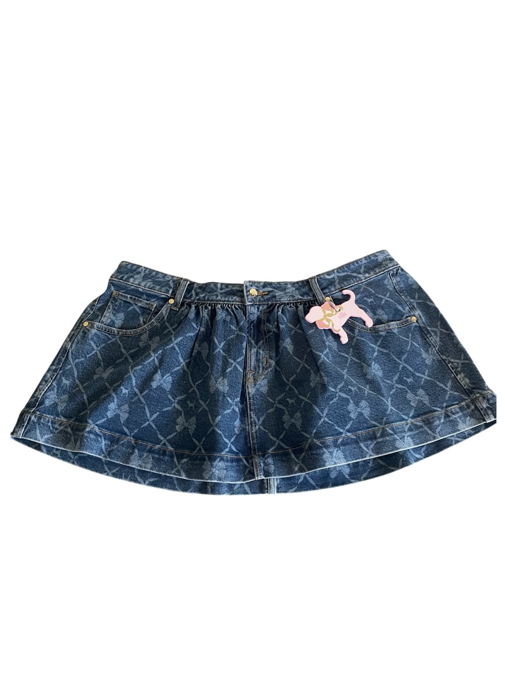 PINK x LoveShackFancy Denim Mini Skirt XXL Blue Bow Print Flirty NWT